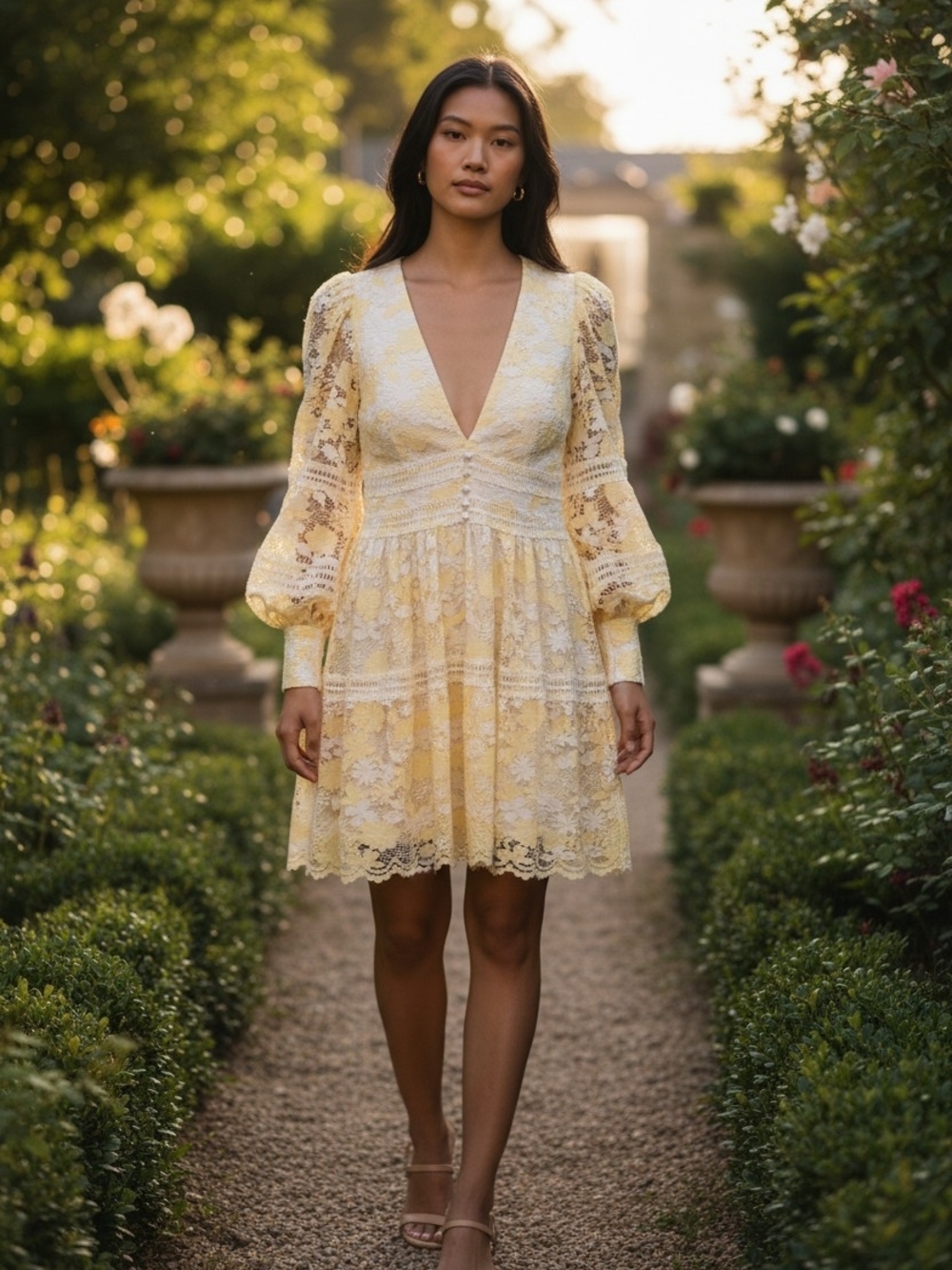 Bardot Venice Lace Mini Dress Yellow Floral XXL(12) V Neck Long Sleeve Boho
